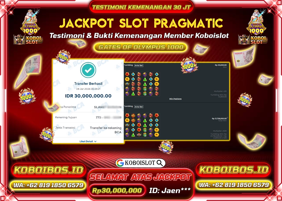 BUKTI KEMENANGAN Jaen*** SLOT GACOR GATES OF OLYMPUS 1000 Rp30.000.000,- LUNAS